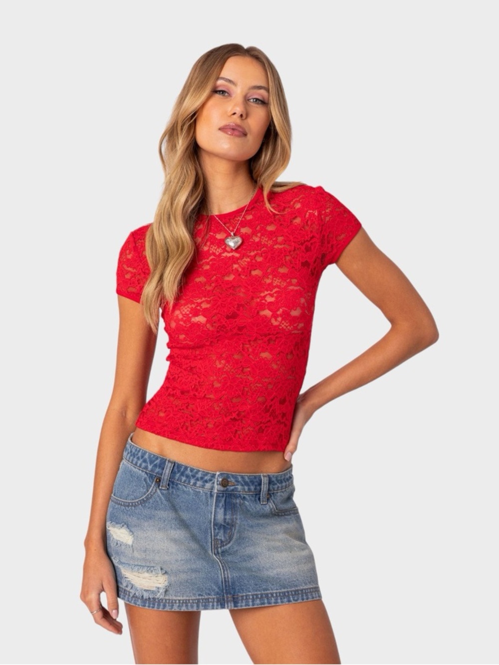 Edikted Red Lace Short-Sleeve Tee